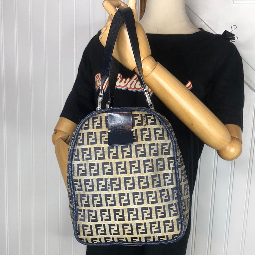 FENDI Zucca Navy Blue Leather Grey Canvas Boston Carry-On Bag Speedy 30 EUC - Picture 9 of 17